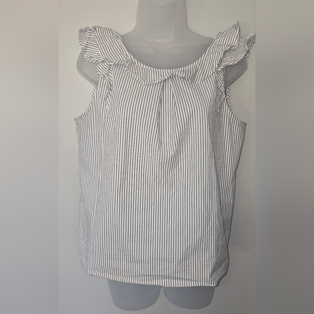 J Crew Flutter Top Womens 10 Gray White Striped Ruffle Poplin Shirt - Picture 2 of 9